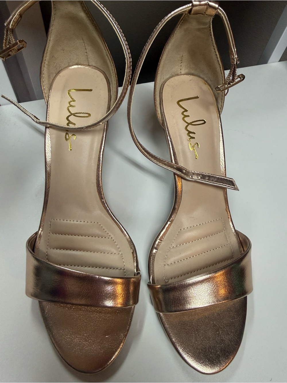 Lulu's Rose Gold Metallic Single-Band Ankle Strap Heels